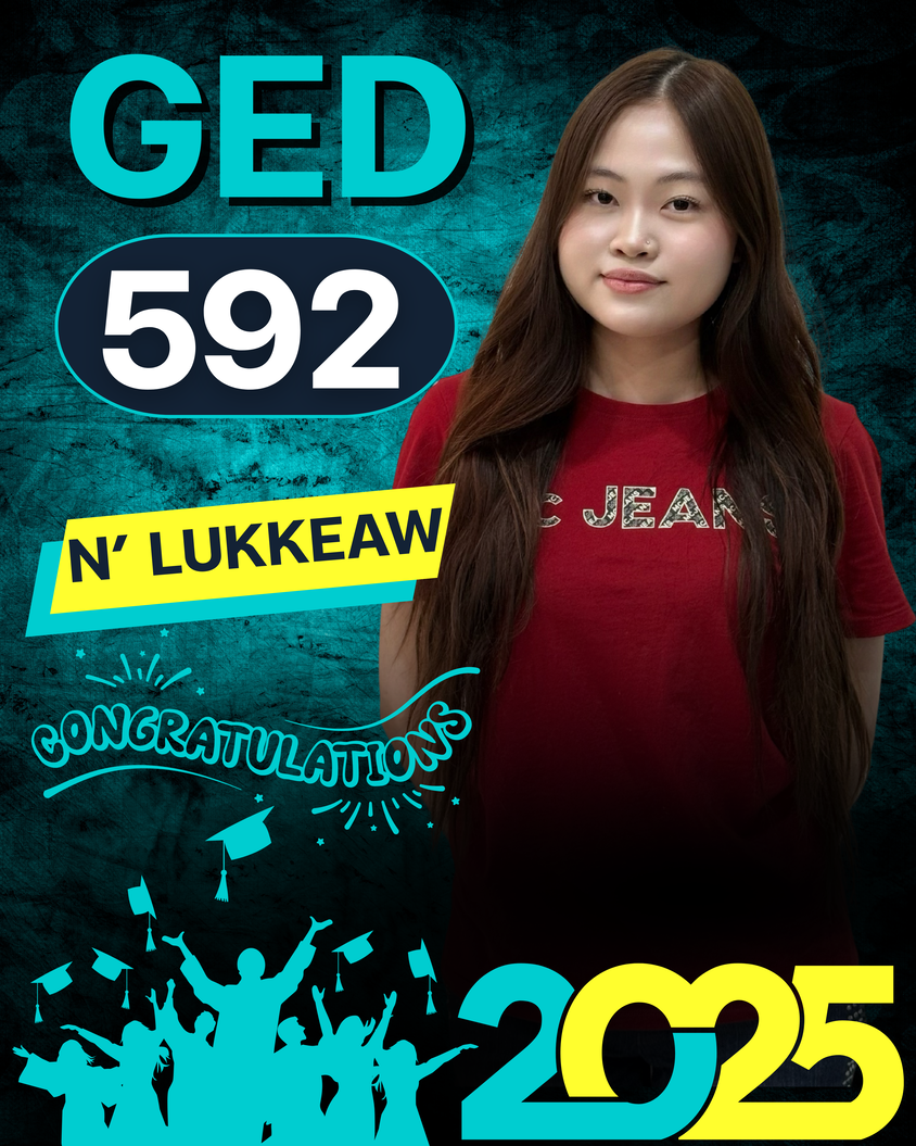 GED graduate achievement poster for Lukkeaw